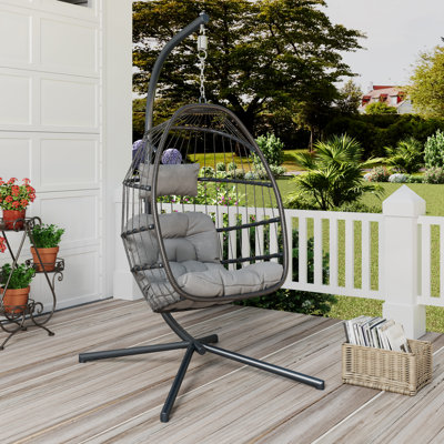 Indoor Outdoor Egg Hanging Chair With Stand, Patio Wicker Swing Egg Chair 350Lbs Capacity For Patio Bedroom Balcony, Charcoal Grey