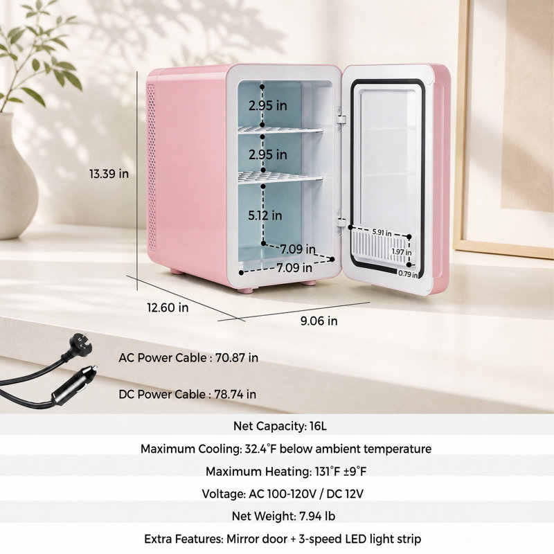 Mini réfrigérateur 16L avec miroir à DEL, petit réfrigérateur compact à 3 modes à intensité variable et plus chaud pour la chambre à coucher, les soins de la peau, le maquillage et les cosmétiques