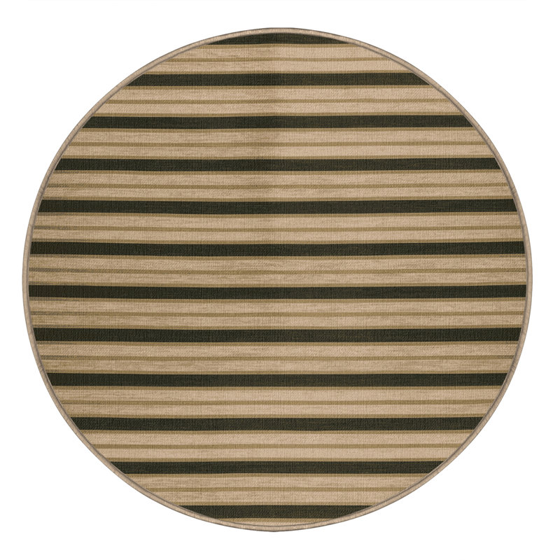Tapis brun à rayures horizontales lavable à la machine, Rond 4 pi