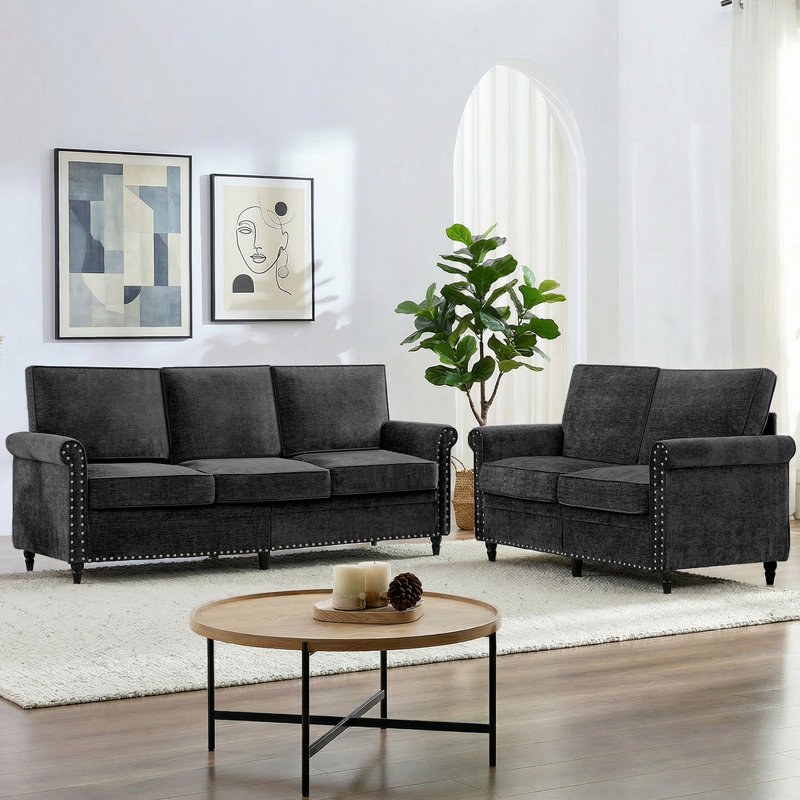 Ensemble de canapé en chenille de style Mid-Century 2 pièces, noir, Noir
