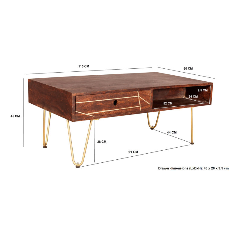 Rosewood Four Leg Coffee Table with Storage, Dark Walnut
