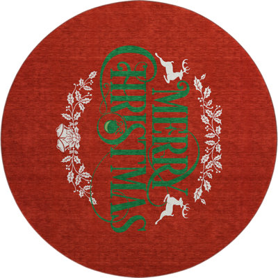 8' Ruby Red Green And Ivory Christmas Washable Round Rug With UV Protection