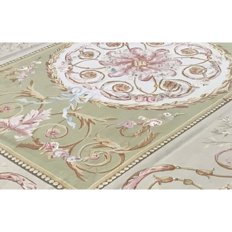 Aubusson Renaissance Wool Oriental Area Rug in Gold/Light Green/Pink, Rectangle 9'3" x 12'3"