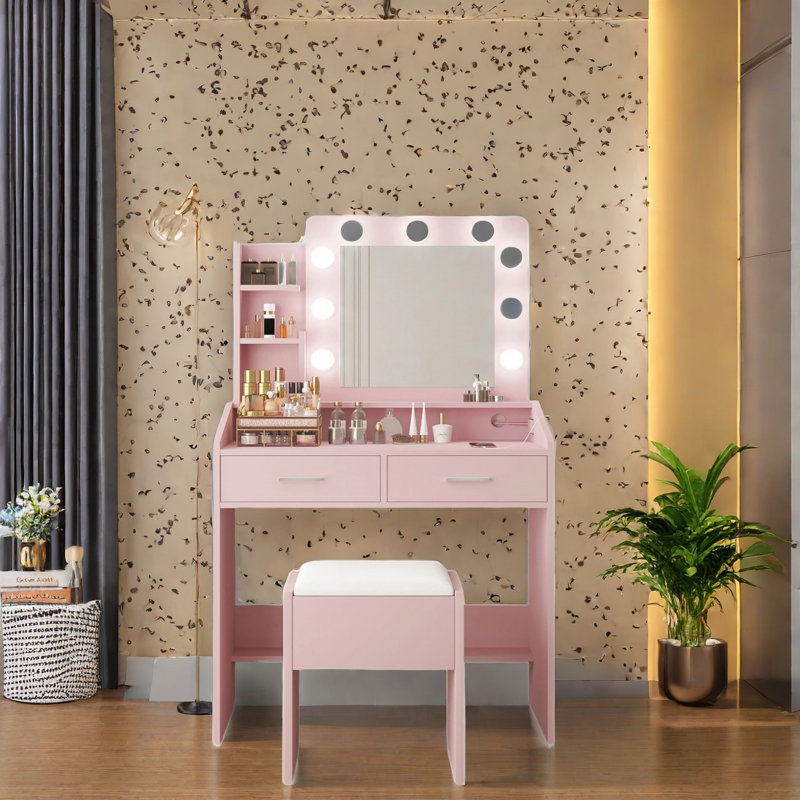 Vanity Desk With Mirror And Led Lights, Makeup Vanity Desk With Charging Station And Cushioned Stool, Pink