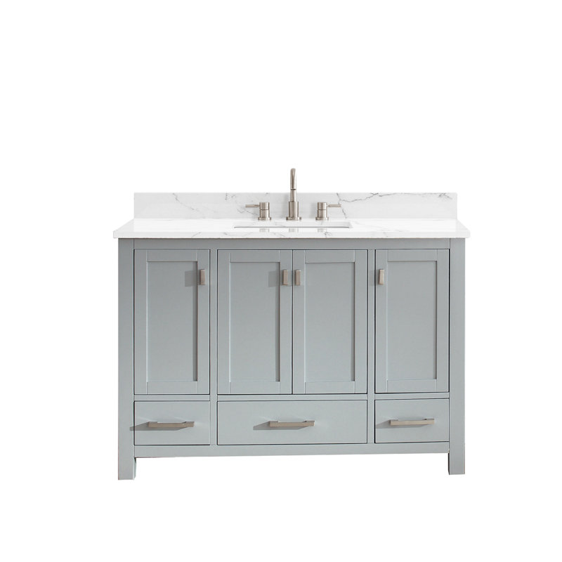 Meuble-lavabo simple 48 po avec plateau Souther, Marbre blanc de Cala, Gris givré, Nickel brossé