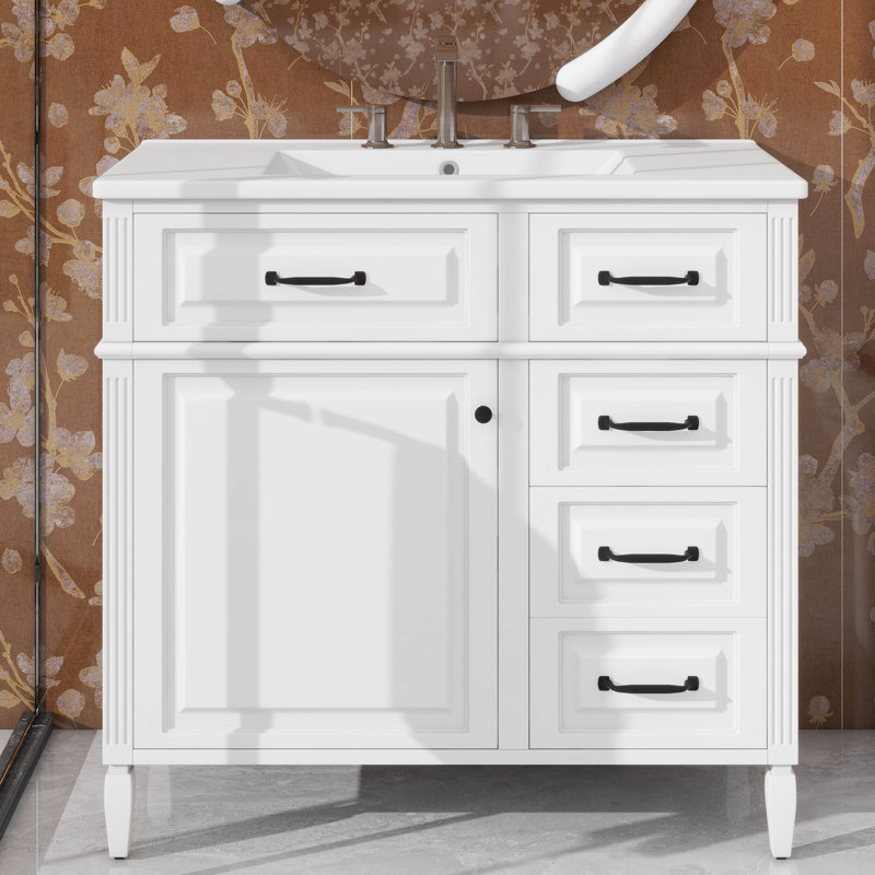 Meuble-lavabo autoportant de 36 pouces avec comptoir en céramique - structure en bois massif, armoire en panneau de fibres à densité moyenne, tiroir rabattable, tablette réglable, poignées en métal