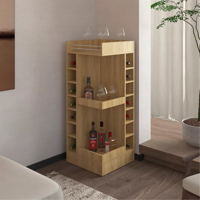 Armoire de bar en chêne naturel avec support à vin et tablette ouverte