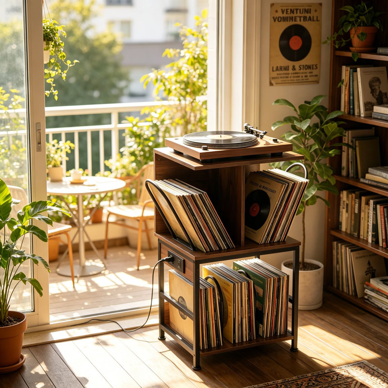 Support pour tourne-disque avec rangement en vinyle, grande table de rangement pour 180 albums, support de rangement pour disque vinyle avec chargeur USB intégré, table d'appoint multifonctionnelle et tablette pour le salon, modèle brun rustique de qualité supérieure