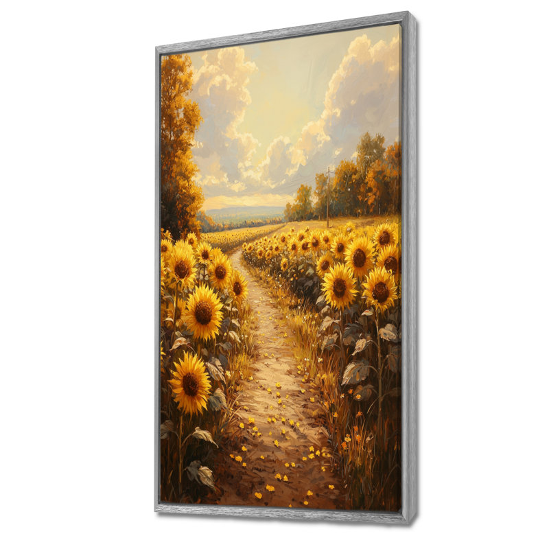 Dural tournesols le long du chemin de la ferme I - tournesols, art sur toile, H 60 po x l 28 po, Argent argent