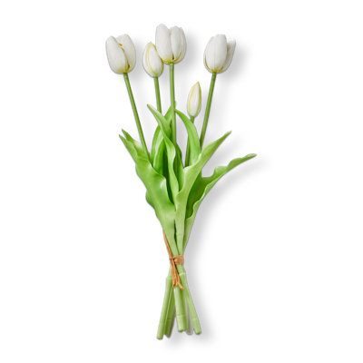Soft Touch Faux Tulip Bunch - White Artificial Flower Stems for Everyday Decor, 16" Tall, Easy Care