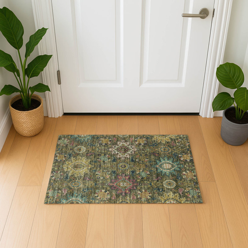 Premium Machine Washable Mayfield AMF2151 medallions Rug, Rectangle 1'8" x 2'6", Olive