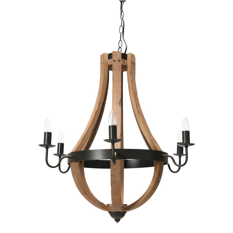 Minimalist Wood and Metal Chandelier, Bronze/Weathered Grey