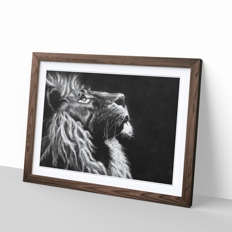 Majestic Lion Illustration - Picture Frame Graphic Art Print, 33cm H x 45cm W x 2cm D, Walnut Framed