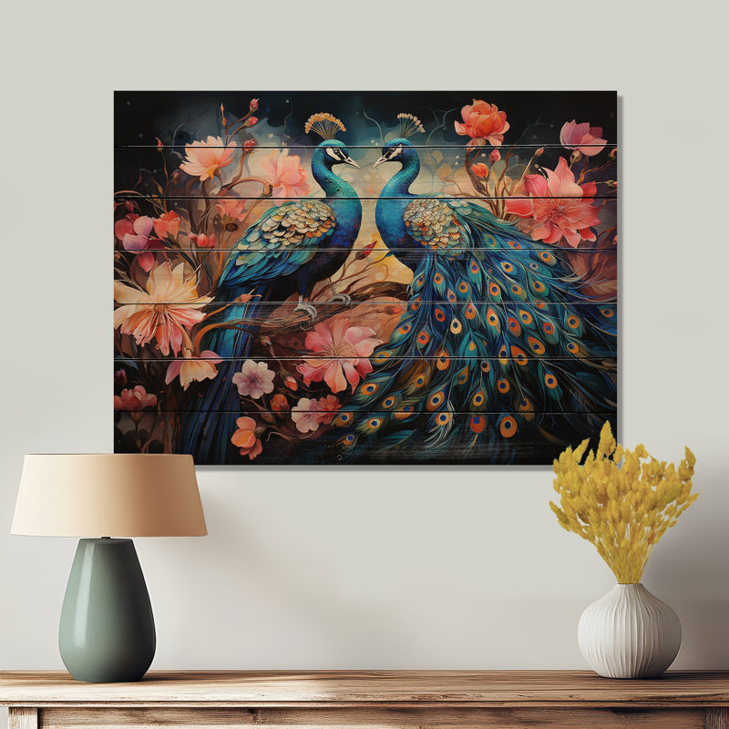 «Blue Coral Indian Art Dancing Peacocks II», reproduction sur bois sans cadre, H 10 po x l 20 po x P 0,78 po