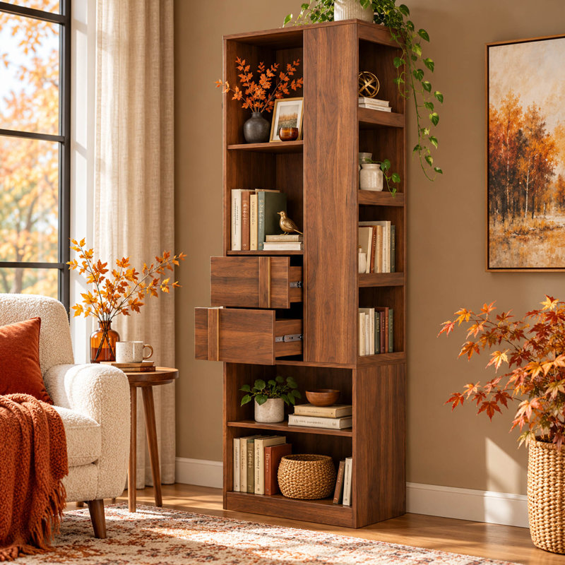 Grande armoire de rangement avec tiroirs et tablettes ouvertes, organisateur de bibliothèque autoportant