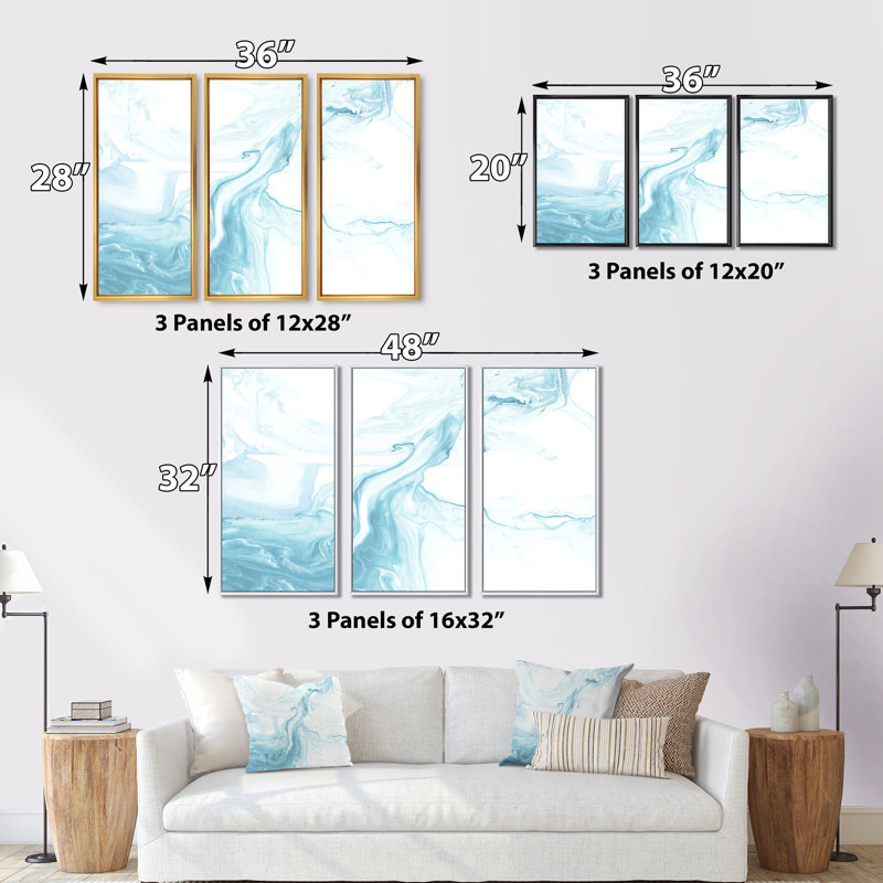 Art de marbre liquide clair bleu clair et blanc - ensemble d'art moderne sur toile encadrée moderne de 3