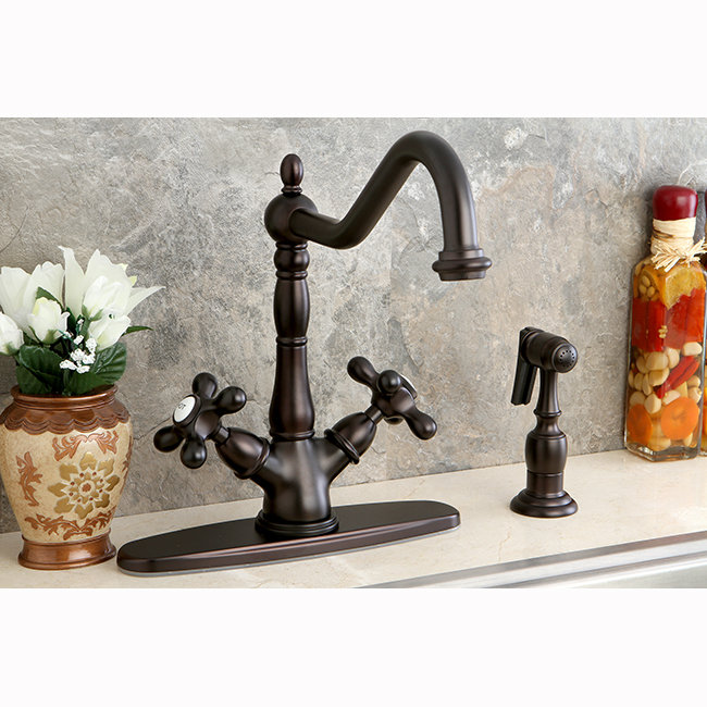 Kingston Brass Heritage Two-Handle 2-or-4 Hole Deck Mount Kitchen Faucet with Brass Sprayer, Oil Rubbed Bronze
