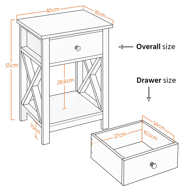 1 Drawer Bedside Table with X-Shape Frame, Black