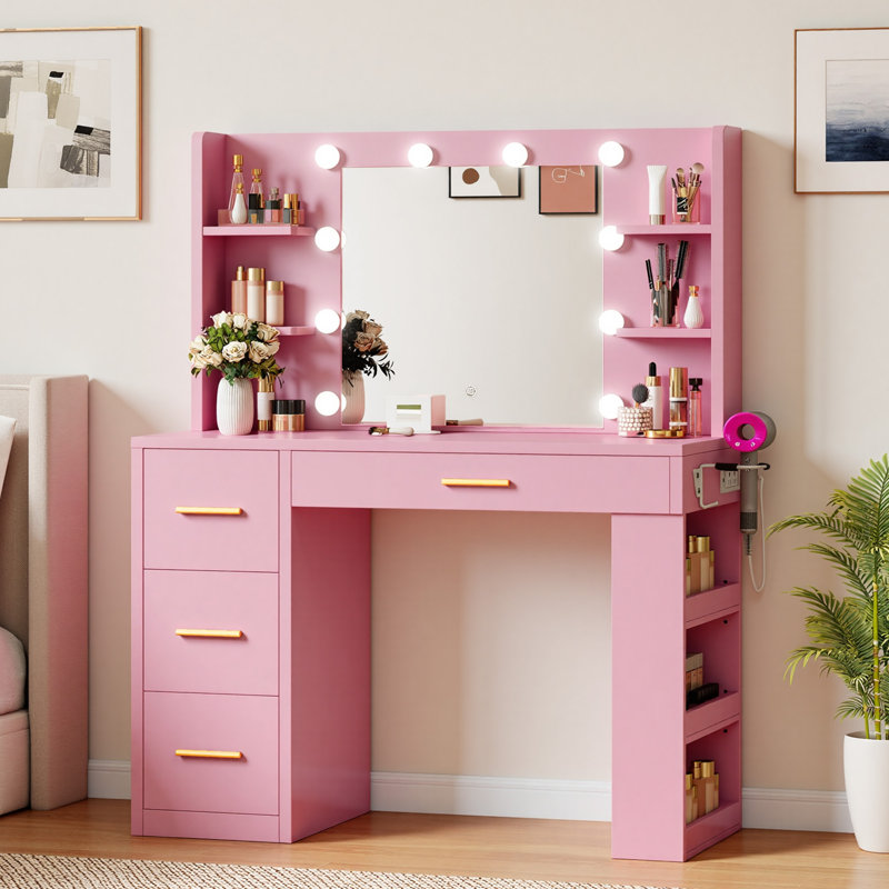 39.3" Makeup Vanity Table With LED Mirror, 4 Drawers, 7 Open Storage Shelves