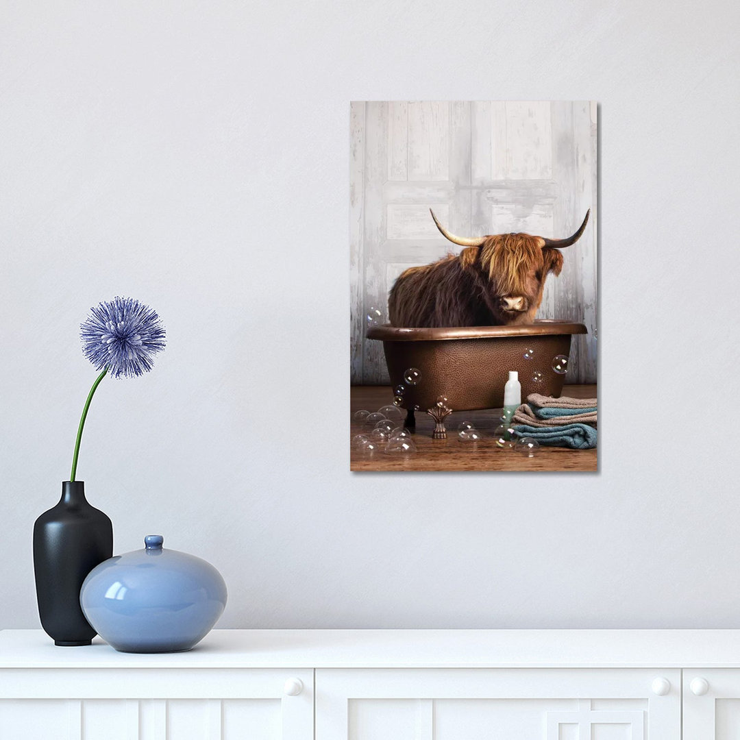 Highland Cow In The Tub by Domonique Brown - Print on Canvas