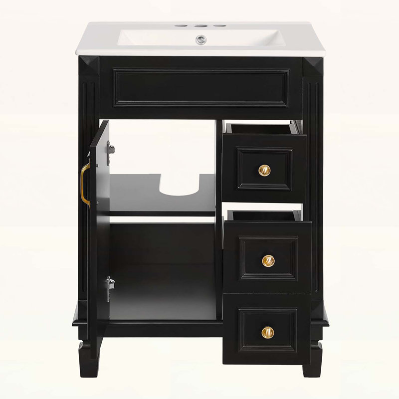 Meuble-lavabo de salle de bain avec lavabo, 2 tiroirs, design compact et élégant, Black