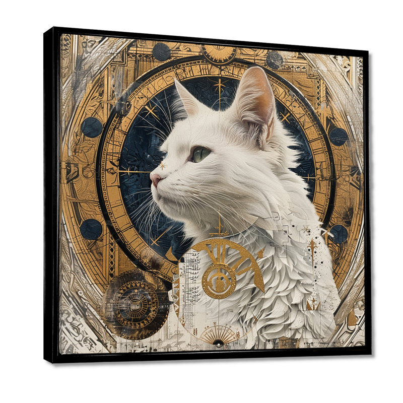Collage majestueux chat blanc - chat, art mural, Toile avec cadre noir, H 16 po x l 16 po x P 1 po