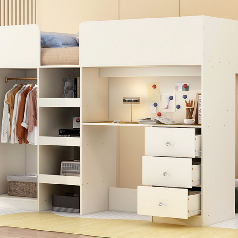 Lit mezzanine double en bois avec garde-robe, bureau et rangement intégrés pour une utilisation efficace de l'espace, Beige