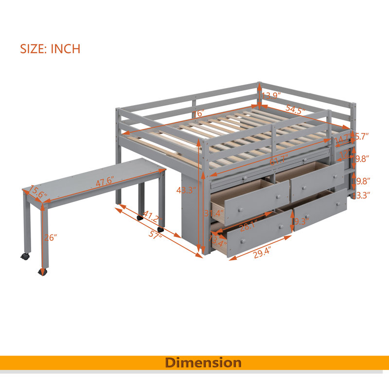 Lit mezzanine avec bureau d'écriture rétractable et 4 tiroirs, Lit double, Gris