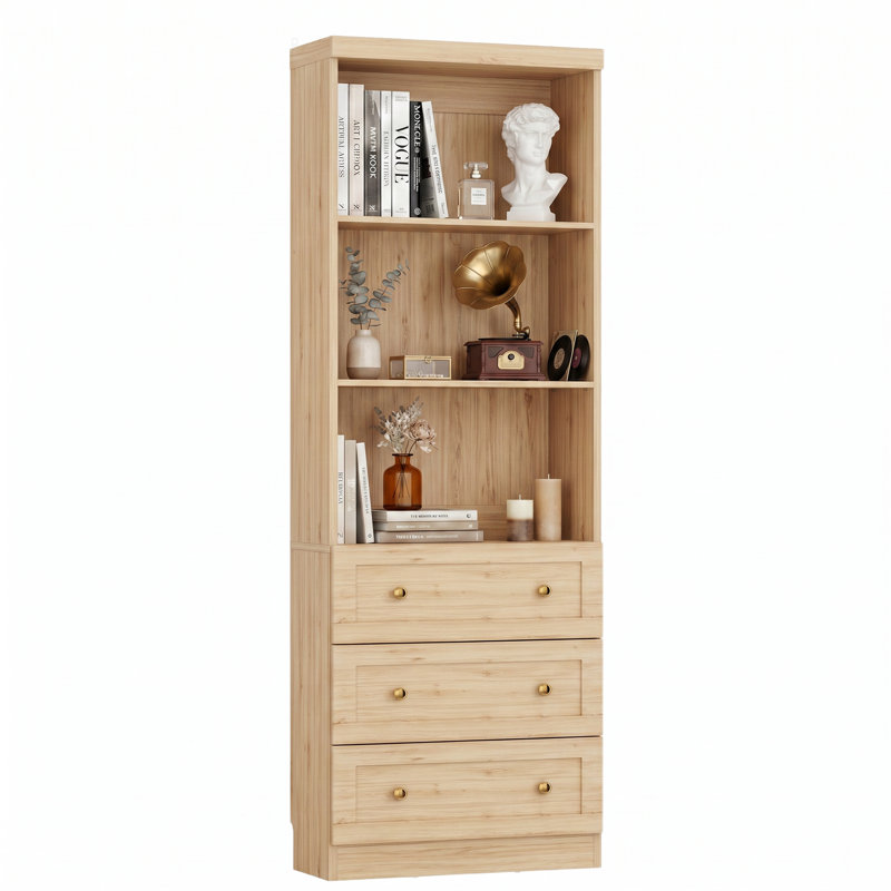 Bibliothèque moderne avec 3 tiroirs et 3 tablettes ouvertes, Brown