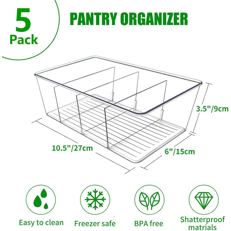 Ensemble de 5 organisateurs de garde-manger à 4 compartiments - Bacs de rangement en plastique transparent pour la cuisine / réfrigérateur, parfaits pour les collations, les épices, les sachets de thé et les assaisonnements
