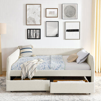 Queen Size, Upholstered Bed, Trundle, 2 Storage Drawer Units, Beige Boucle Fabric, Vertical Stripe Design, Soft Foam For Comfort, Easy Assembly Workflow Storage, Material, Design On Back, Comfortable