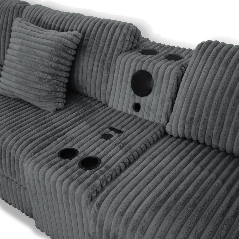 Vega Reversible Faux Fur Sectional with Media Console And Storage Ottoman, Grey Carduroy