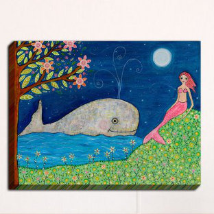 "baleinee sirène" par sascalia, reproduction d’art sur toile tendue, H 11 po x l 14 po x P 1,5 po