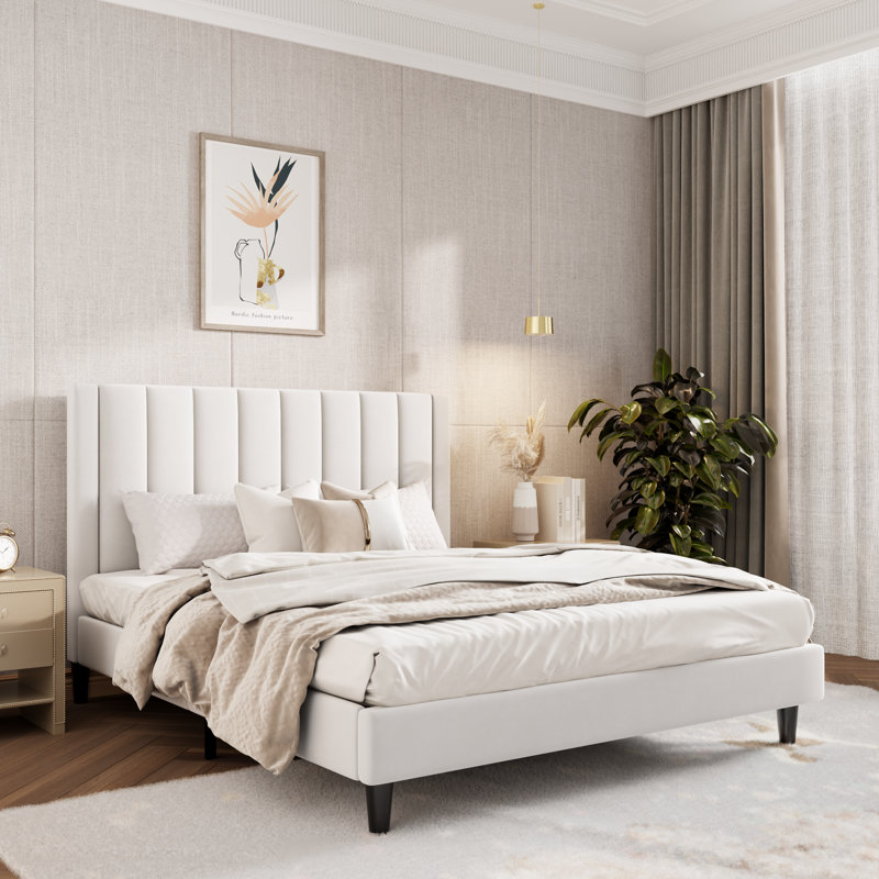 Stauton Upholstered Platform Bed with Velvet and Striped Headboard, Queen, White