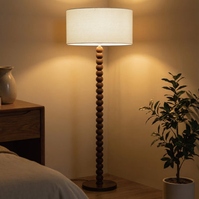 61" Retro Walnut Rubberwood Floor Lamp with Sculptural Stacked Sphere Base and Cream Linen Drum Shade, cULus Certified for Living Room Side Tables, Bedroom Corners, Home Offices or Study Rooms