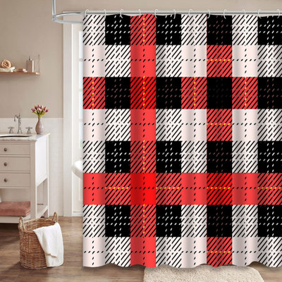 Traditional Scottish Tartan Black Red White Shower Curtain with 12 Hooks