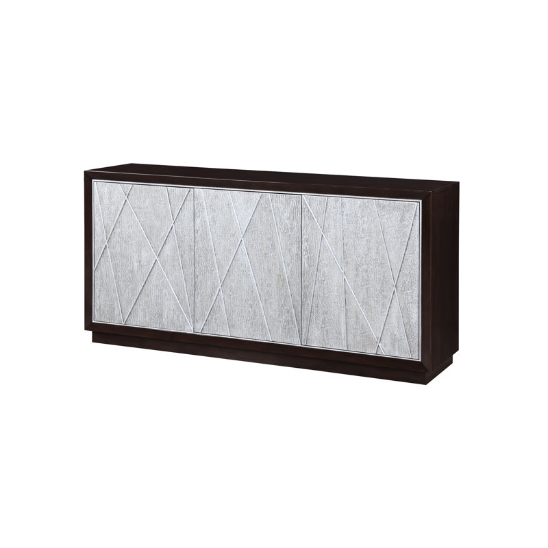 Armoire console en métal argenté et noyer avec tablette texturée plus légère sur les portes