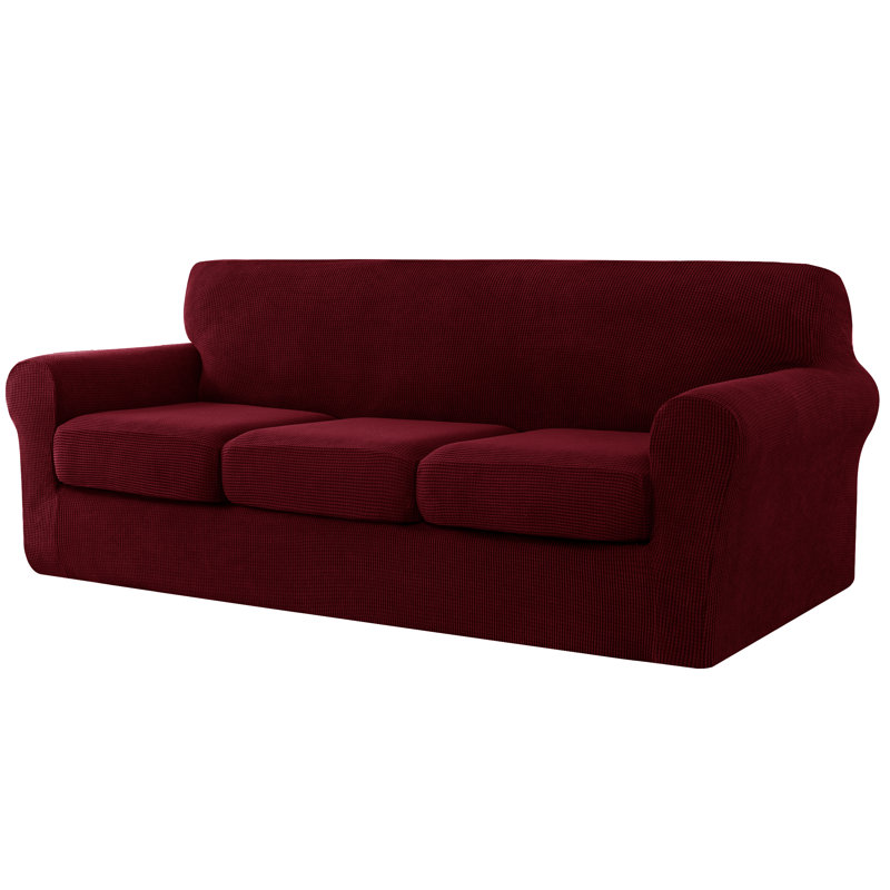 Textured Grid Soft Stretch Separate Box Cushion Sofa Slipcover, Red, 104cm H x 235cm W x 107cm D