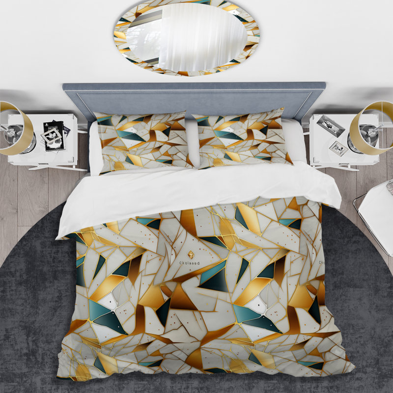 Natural Tones Grey And Beige Mosaic Geometric Shapes Duvet Cover, King Duvet Cover + 2 King Shams, Geometric Shapes 1