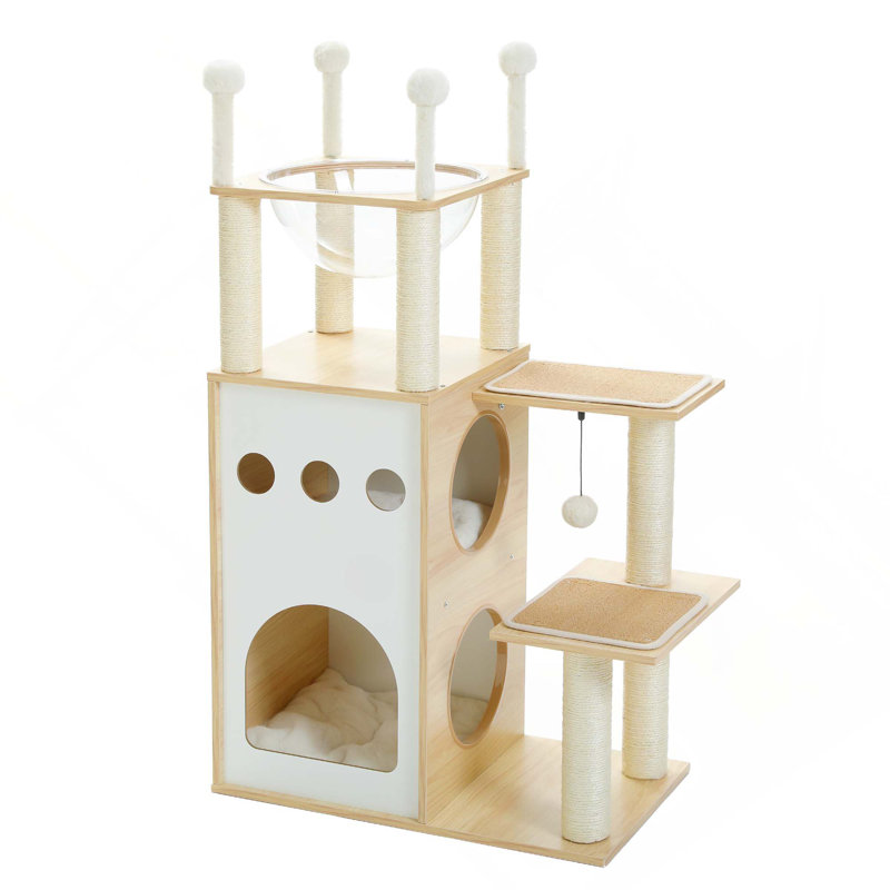 Tour à chat moderne avec arbre à chat avec 2 étages, poteaux à griffes, nid à capsule et boules pendantes
