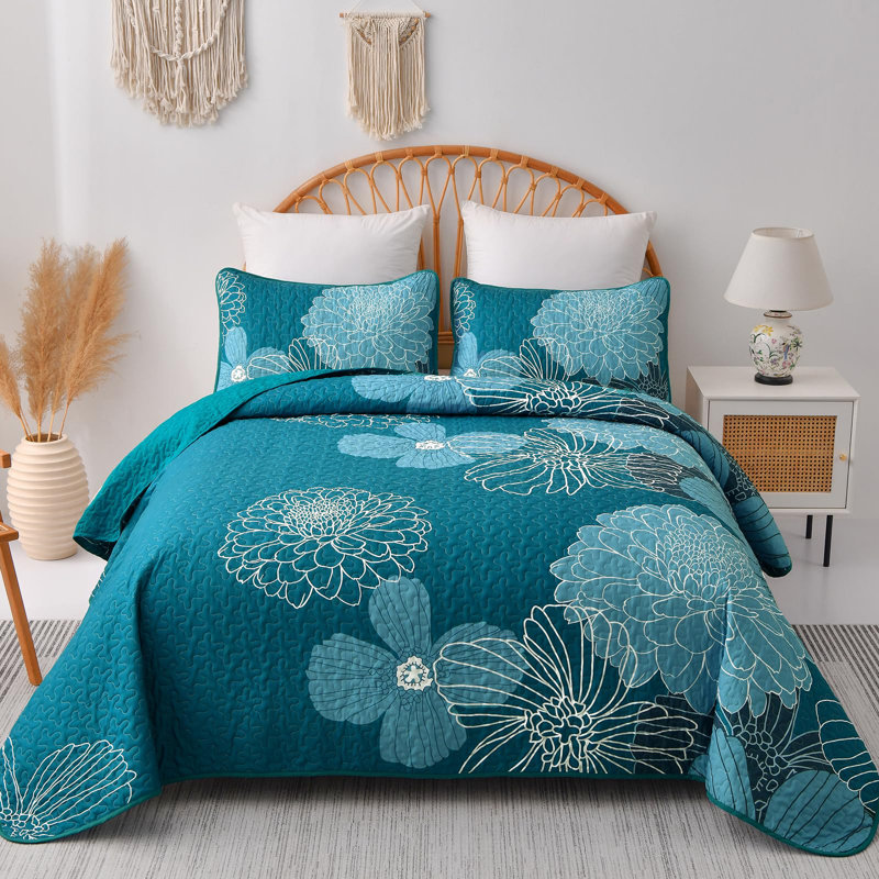 3 Pieces Floral Printed Quilt Set All Season Lightweight Bedspread Set with Shams, Queen Quilt + 2 Queen Shams, Teal