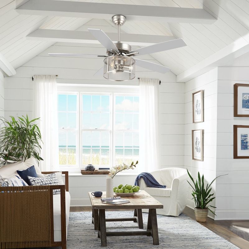 Ventilateur de plafond standard à 5 pales 52 po Sherranda avec télécommande et ensemble d'éclairage inclus, Blanc / argenté