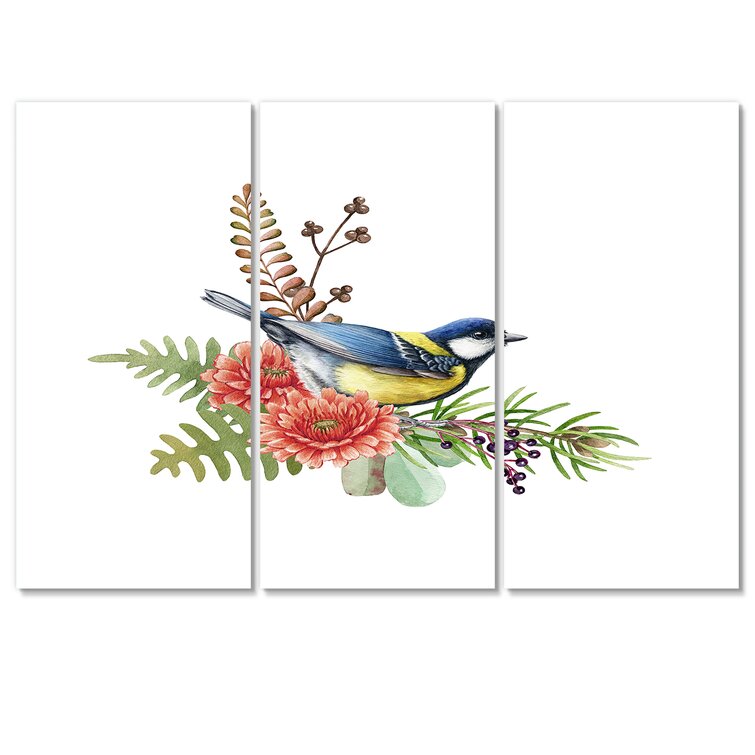 Bless international Blue Big Tit Bird With Flowers On Canvas 3 Pieces ...