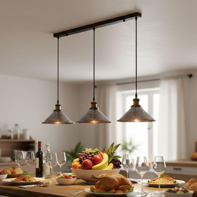 3 Way Adjustable Industrial Pendant Light Vintage Hanging Ceiling Fixture with Rectangular Base for Kitchen Island, Dining Room