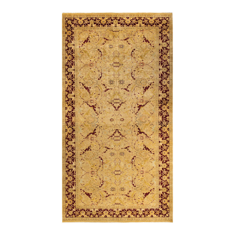 Tapis unique ivoire / rouge / jaune noué à la main Vival Mogul 8 pi 1 po x 15 pi 7 po