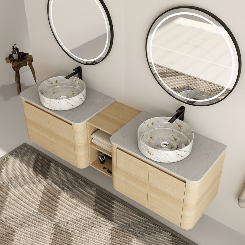 Ensemble de meuble-lavabo double 72 po avec plateau en pierre reconstituée Eaton, 72", Blanc / Doré