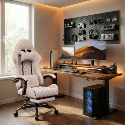  Gaming Chair, High Back Fabric Computer Chair with Pocketed Spring Cushion and Footrest, Height Adjustable Game Chair with Headrest and Massage Lumbar Support, Ergonomic Office Chair for Adults, Pink