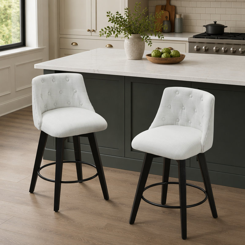 007-360 Ensemble de 2 tabourets de bar rotatifs modernes de 25 po à hauteur de comptoir avec ligne résistante aux taches et dossier capitonné, tabourets de bar à cadre en bois massif pour îlot de cuisine, café ou bar à domicile, blanc facile à assembler