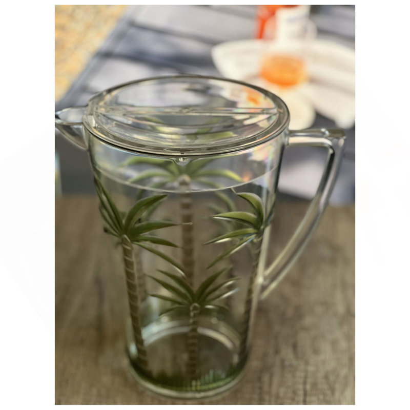 Pichet à eau 2,75 pintes avec couvercle, pichet en plastique incassable Palm Tree Design, pichet à boisson, pichet à jus sans BPA