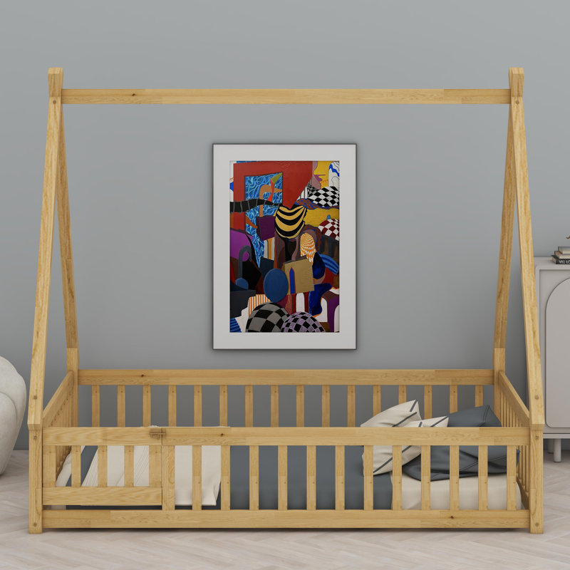 Whimsical Tent-Shaped Bed With Integrated Guardrails, Support Slats, And Doorway Design, Natural, Full